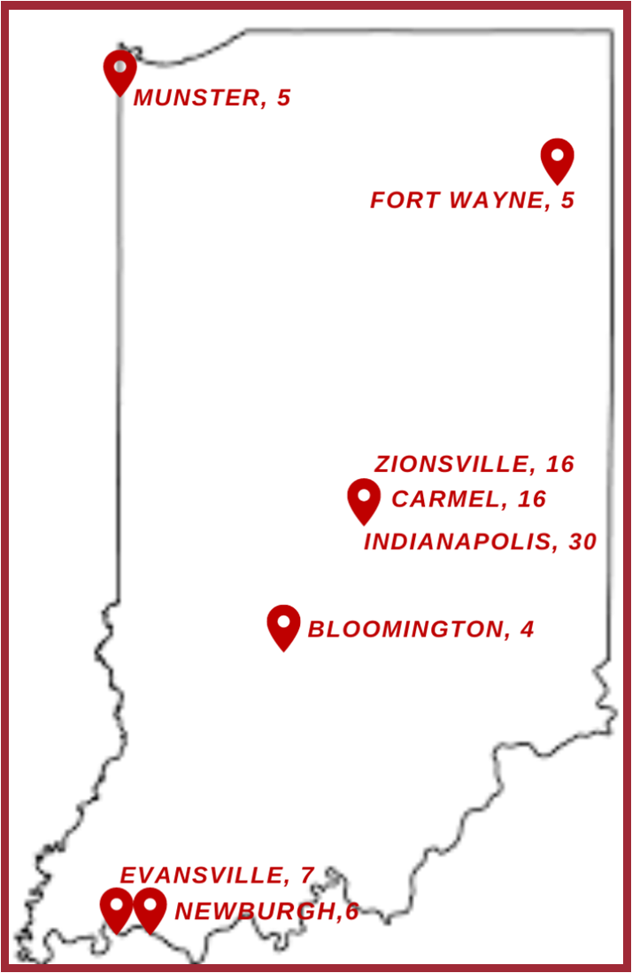 A map of Indiana highlighting the cities that sent the most number of students to the program