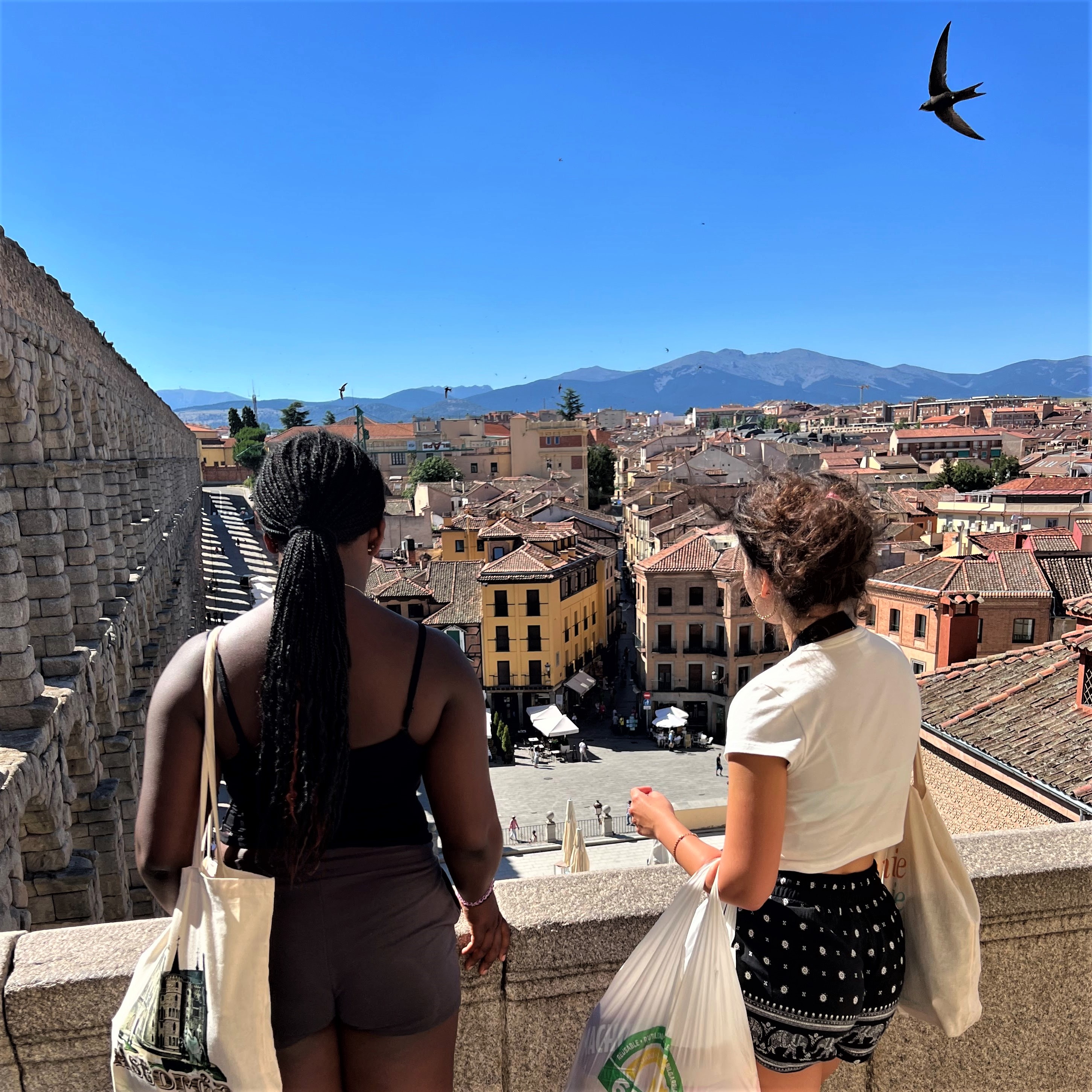 Two students look out on a Spanish city as a bird flies above